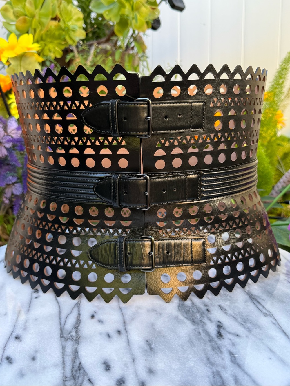 Rare Alaia Black Leather Laser-Cut Wide Waist Belt with Buckle Details